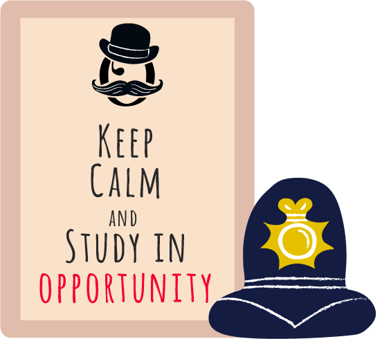 Cartel de keep calm an study in opportunity y sombrero policia